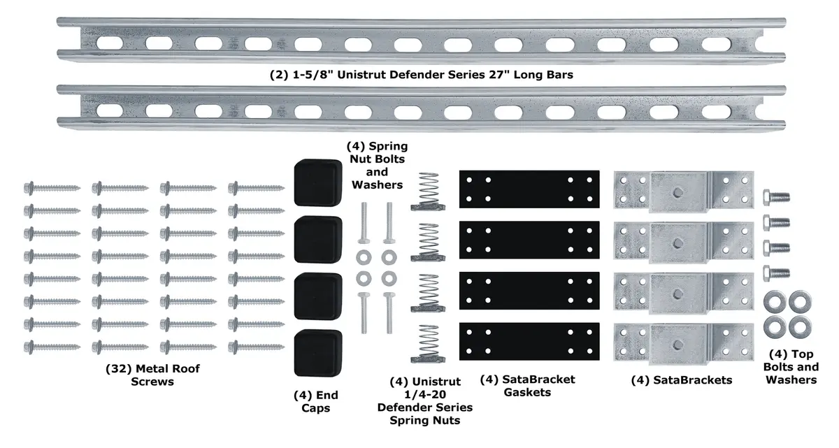 SataMount MRM kit parts layout with two Unistrut channels, SataBrackets, gaskets, mounting screws, spring nuts, bolts, washers, and end caps
